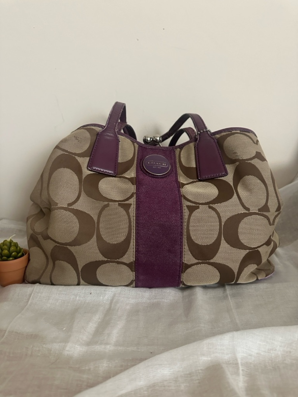 Coach Signature Kisslock Canvas Satchel with Purple Leather Trim